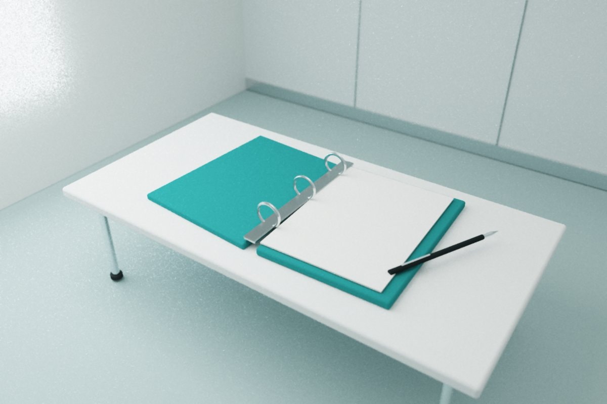 Open ring binder holding blank paper with a pen beside it on a table