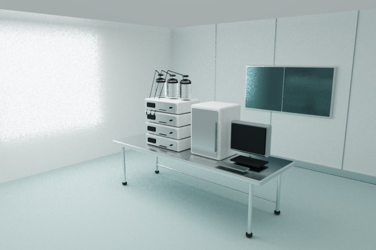 Stacked laboratory instruments, plain glass bottles, tubing, and blank screens on a stainless bench