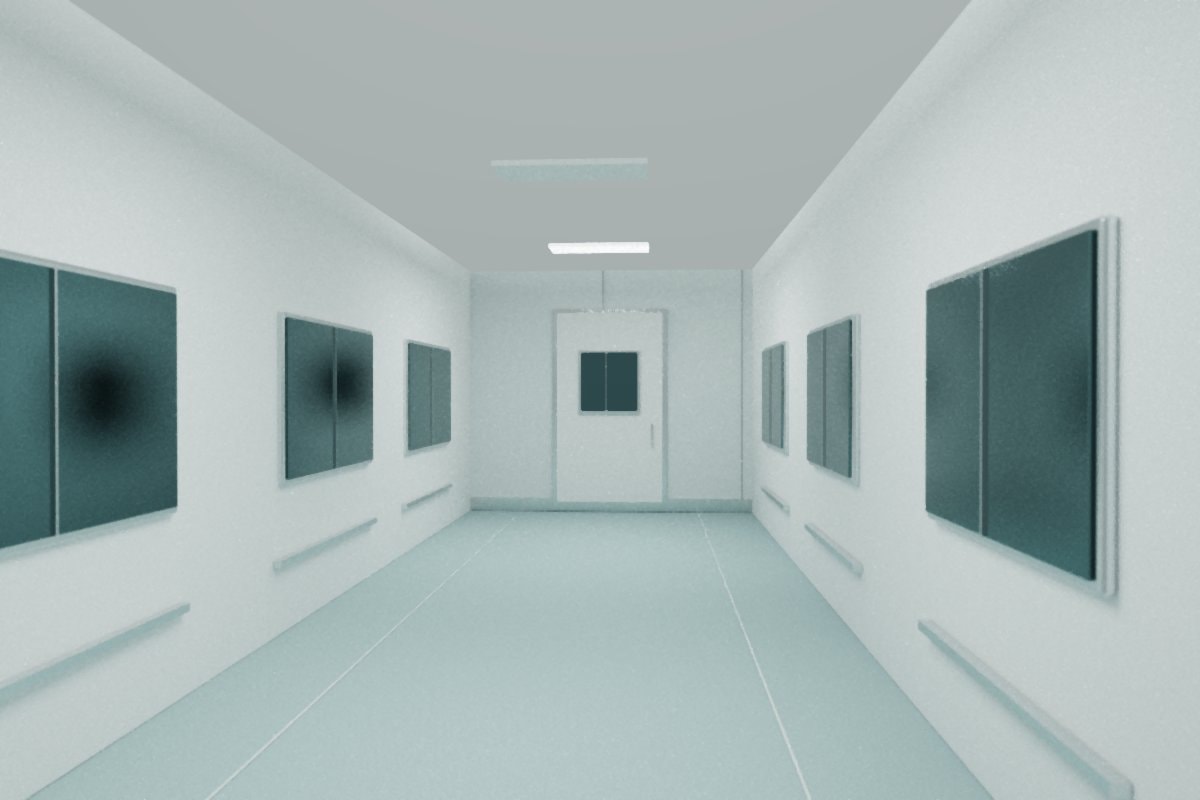 Empty cleanroom corridor with pass-through windows and a closed door