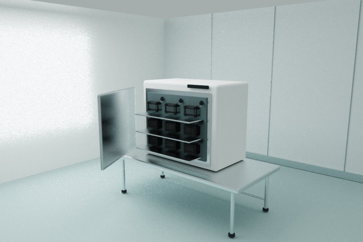 Laboratory incubator with an open glass door and plain clear flasks on metal shelves