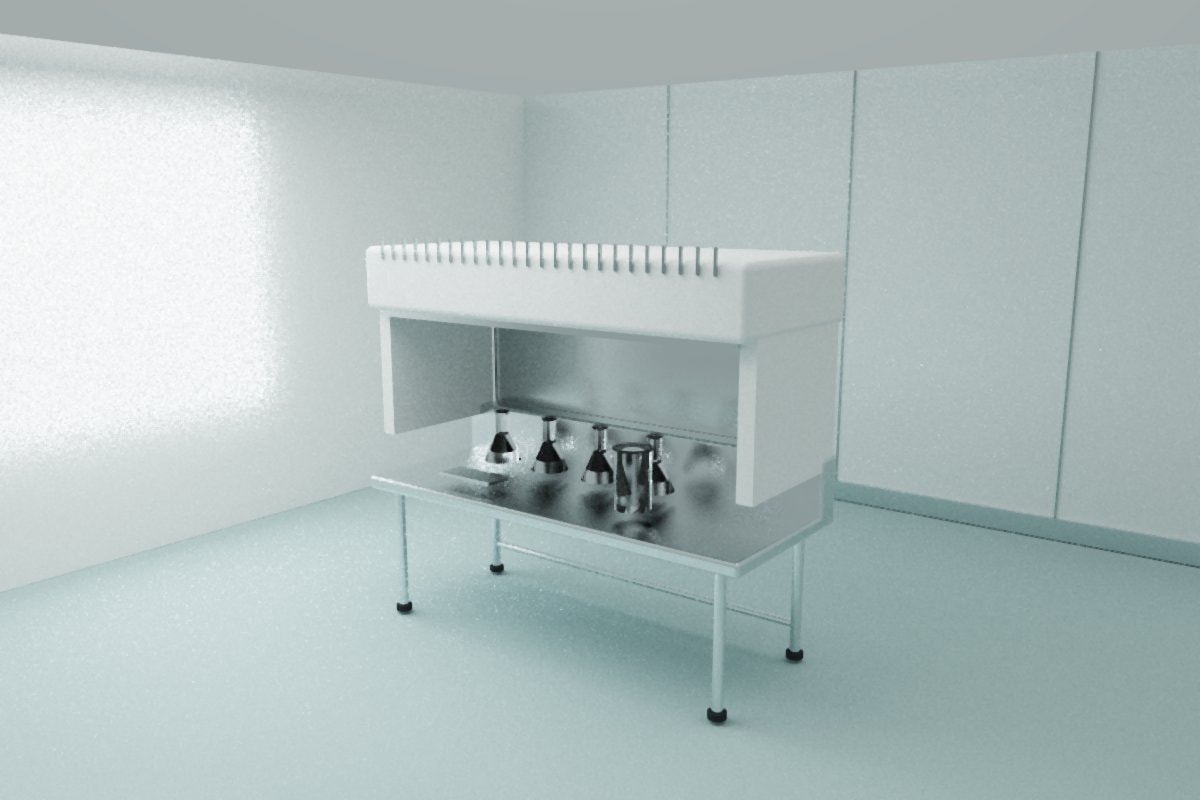Plain glass flasks and a beaker inside an empty laboratory hood