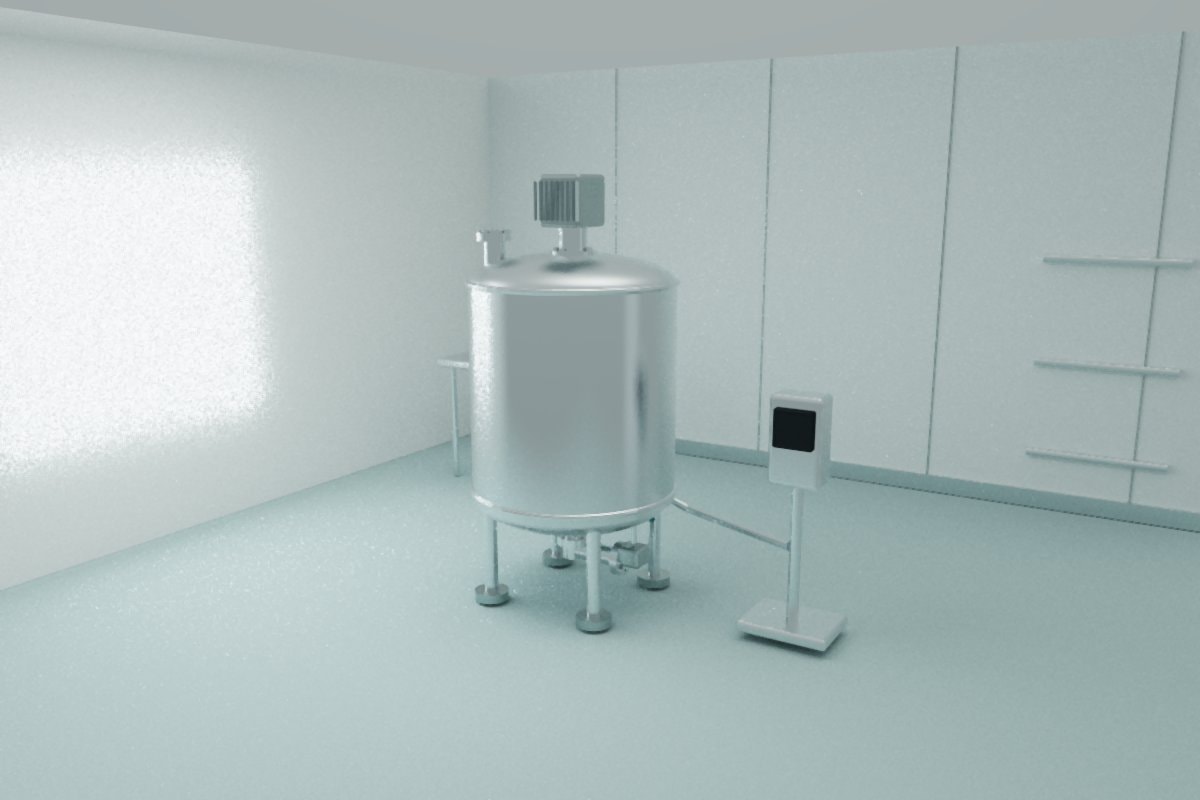 Stainless mixing vessel with pipe fittings and a blank control screen in an empty production room