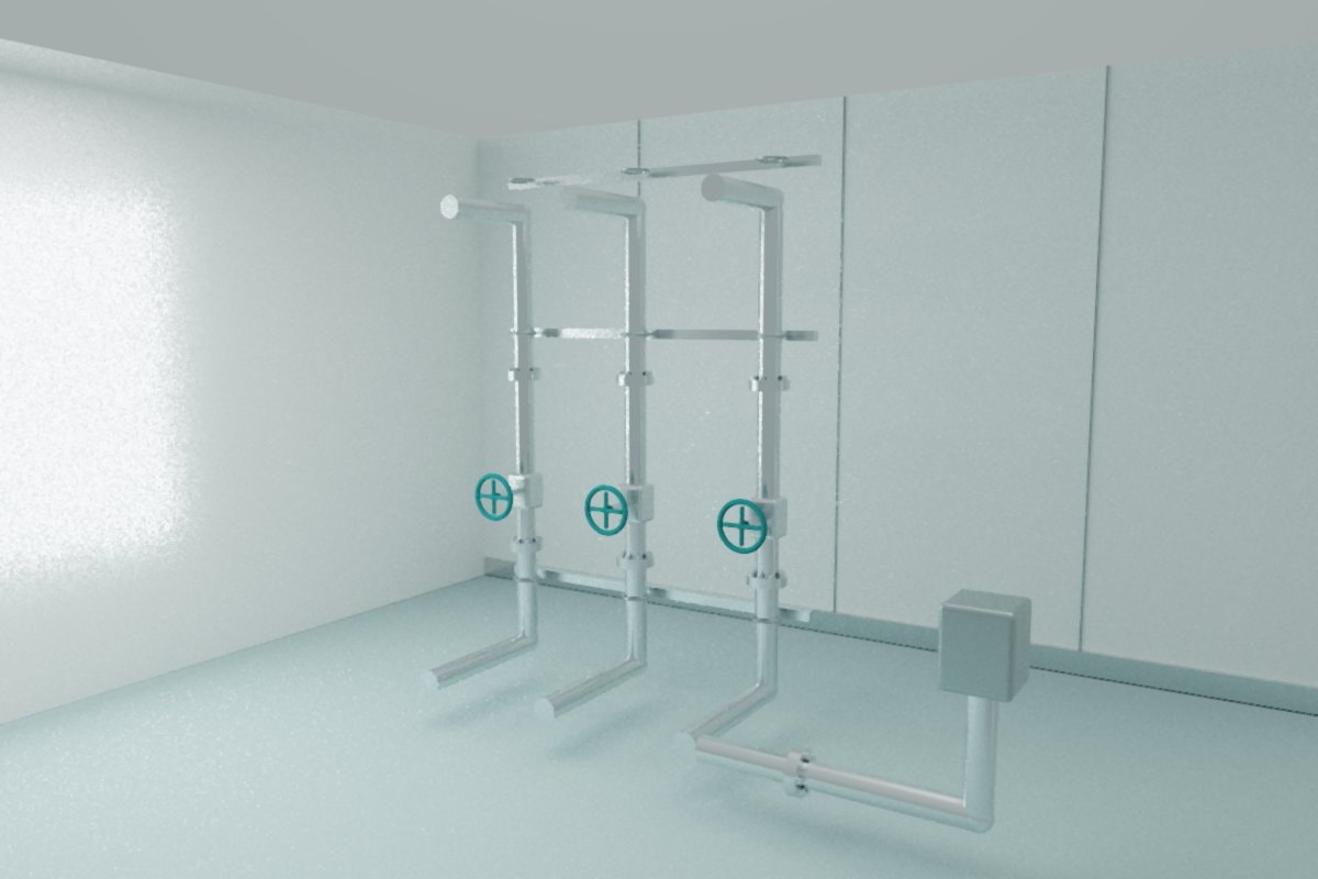 Stainless utility pipes with flanges and teal valve wheels in an empty room