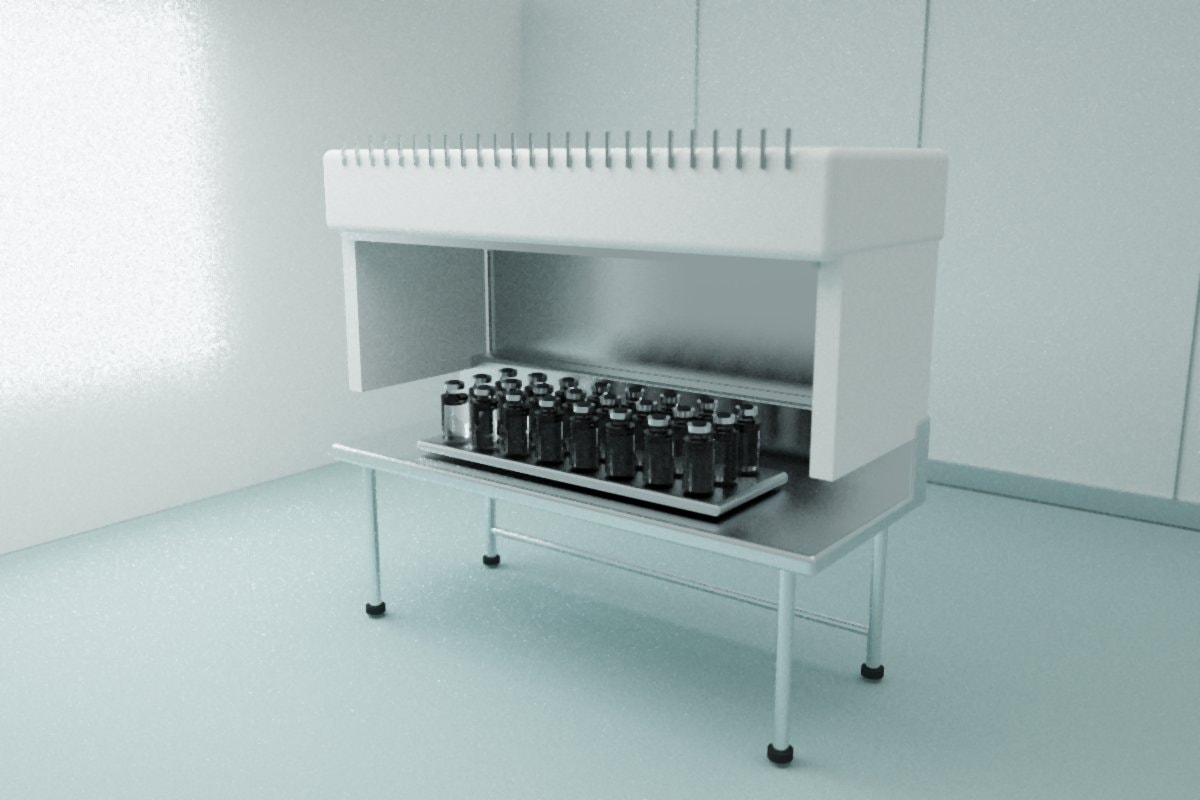 Rows of plain clear vials with metal caps on a tray inside a laboratory hood