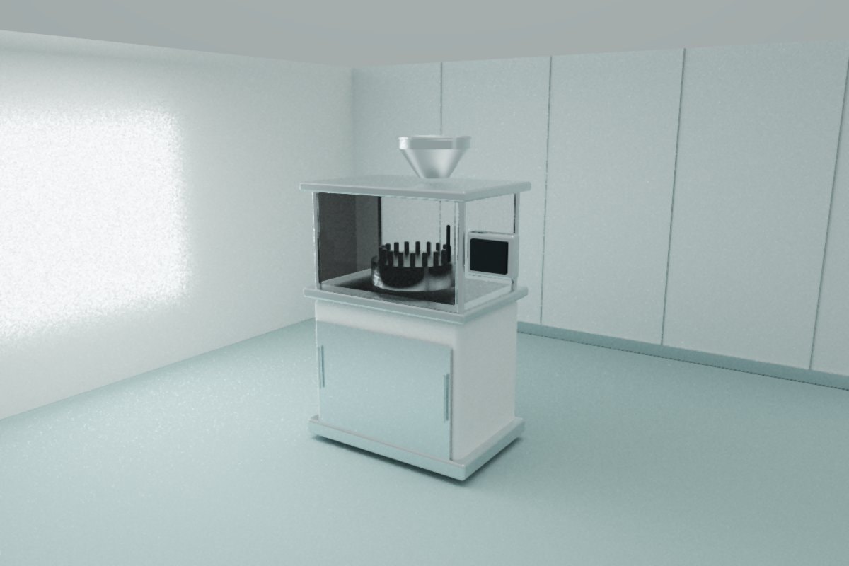 Stainless manufacturing machine with a circular press assembly and blank screen in an empty room
