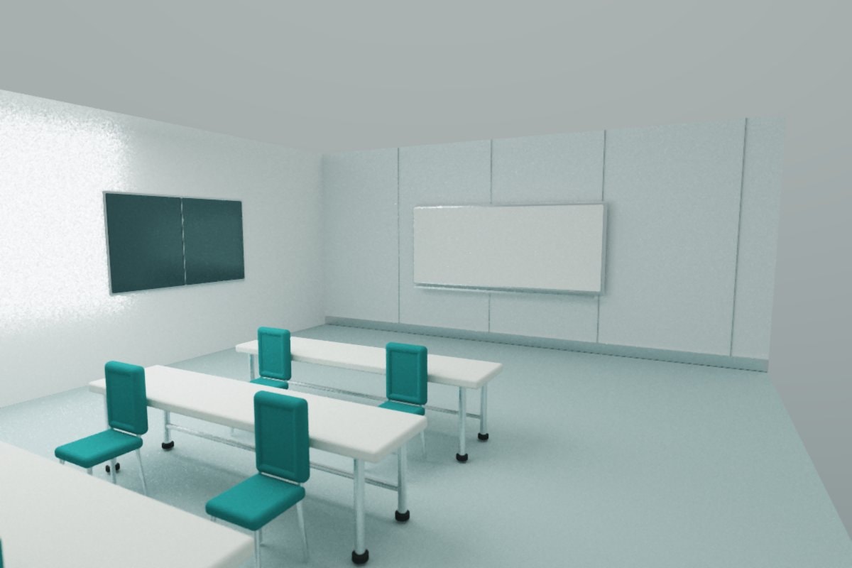 Empty training room with tables and chairs facing a blank whiteboard