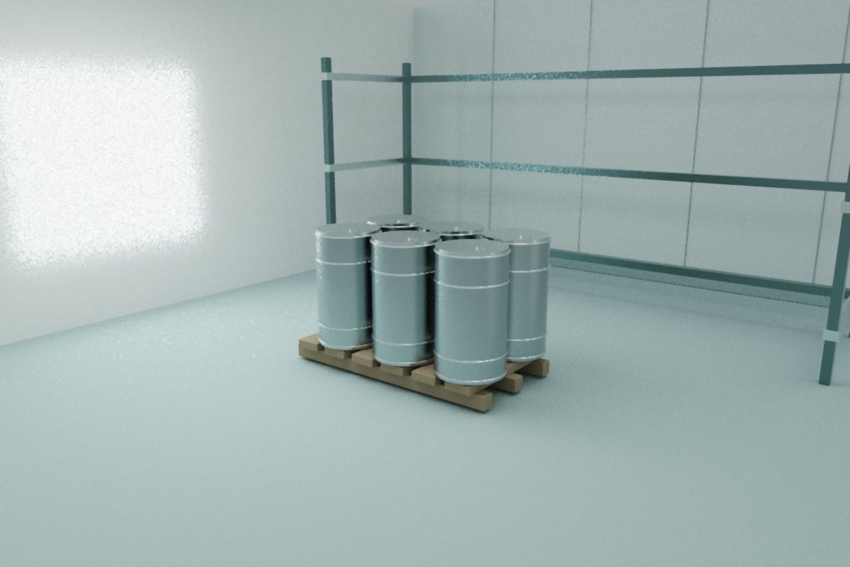 Plain metal drums on a wooden pallet in a clean warehouse